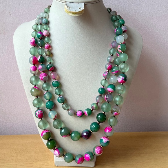 VINTAGE 80’s STATEMENT CHUNKY TRIPLE STRAND NECKLACE WATERMELON GREEN & HOT PINK